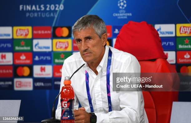 Quique Setien, Head Coach of FC Barcelona speaks to media during a press conference following the UEFA Champions League Quarter Final match between...