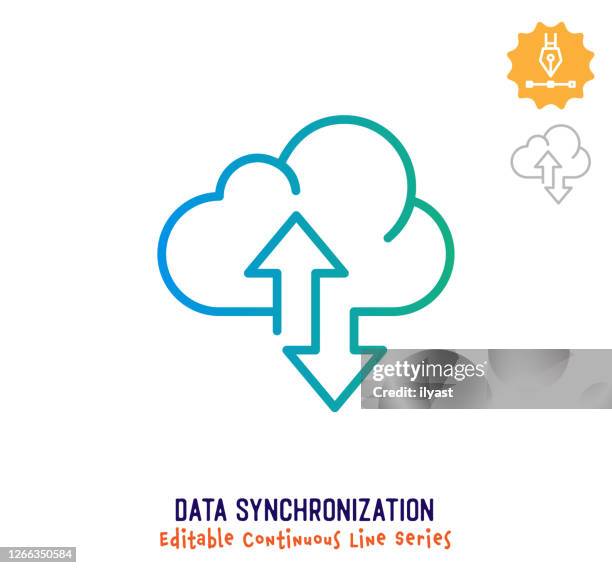 ilustraciones, imágenes clip art, dibujos animados e iconos de stock de icono de trazo editable de línea continua de sincronización de datos - actualización de software