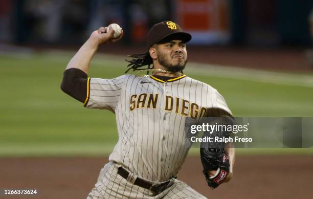 Starting pitcher Dinelson Lamet of the San Diego Padres throws a pitch against the Arizona Diamondbacks during the second inning of the MLB game at...