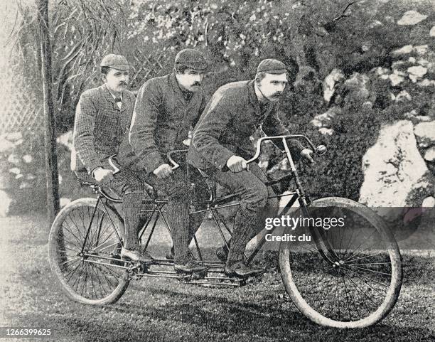 new in 1892: the rudge triplet safety, three sportsmen demonstrating the new vehicle - triplet stock illustrations