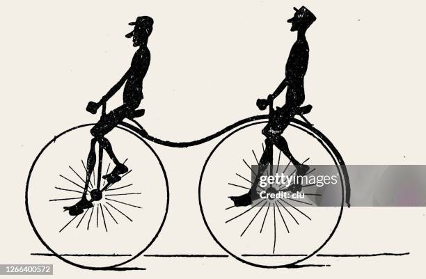 tandem penny farthing bicycle, side view on white background - weird hobbies stock illustrations