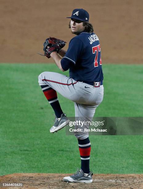 Luke Jackson of the Atlanta Braves in action against the New York Yankees at Yankee Stadium on August 11, 2020 in New York City. The Yankees defeated...
