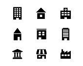 Set of simple icons such as buildings, houses, shops and schools