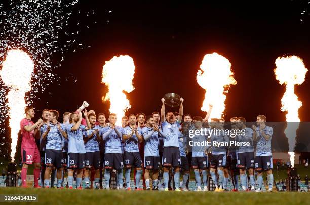 Sydney FC celebrate after they were presented with the Premiers Plateduring the round 26 A-League match between Sydney FC and the Western Sydney...