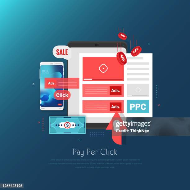 illustrazioni stock, clip art, cartoni animati e icone di tendenza di icona pay per click con illustrazione stock pc e notebook - display