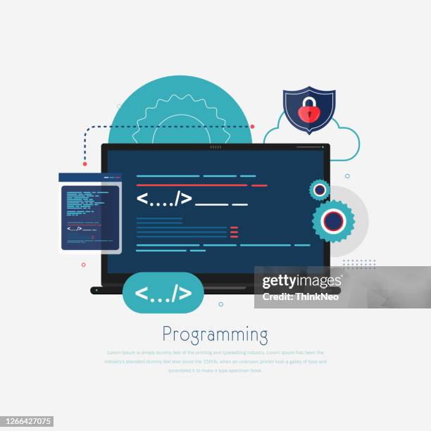 web development concept, programming and coding. laptop with virtual screens on blue background. - javascript stock illustrations