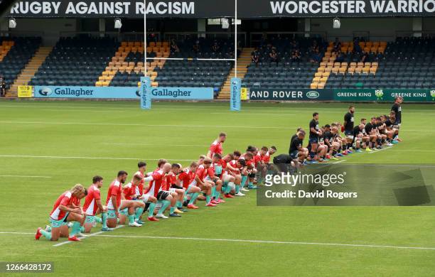 Some players of both teams take a knee in support of the Black Lives Matter movement prior to Gallagher Premiership Rugby match between Worcester...