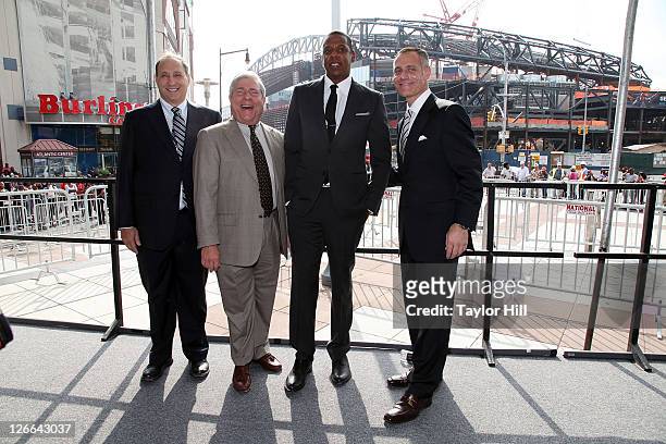 Developer and Brooklyn Nets co-owner Bruce Ratner, Brooklyn Borough President Marty Markowitz, Brooklyn Nets co-owner Shawn Carter a.k.a. Jay-Z, and...
