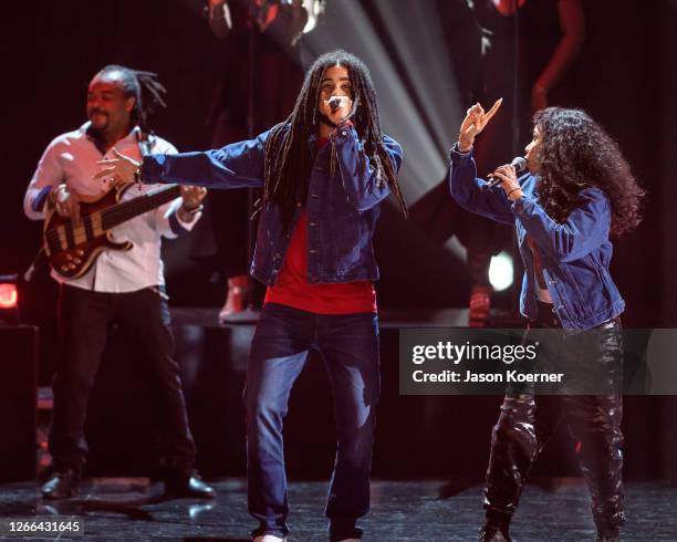 Skip Marley and Cedella Marley perform onstage with The Wailers during Premios Juventud 2020 at the Hard Rock Live! in the Seminole Hard Rock Hotel &...