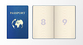International passport realistic template, sample. Front side, blue cover, page of document.