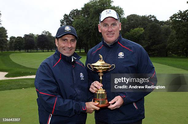 Jose Maria Olazabal, captain of the European team, and Michael Scully, Director of Golf at Medinah Country Club, pose for a photograph with the Ryder...