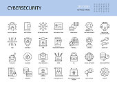 Cybersecurity vector icons. Editable stroke. Access control app network security, data protection backup software update 2fa. Encryption spam messages antivirus, phishing malware vpn password firewall