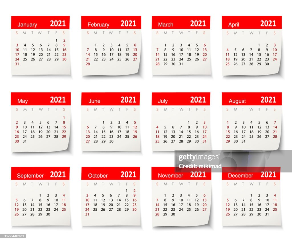 Kalender 2021 Vektor-Design-Vorlage Woche beginnen am Sonntag, isoliert auf einem weißen Hintergrund. Kalender-Papier-Blatt.