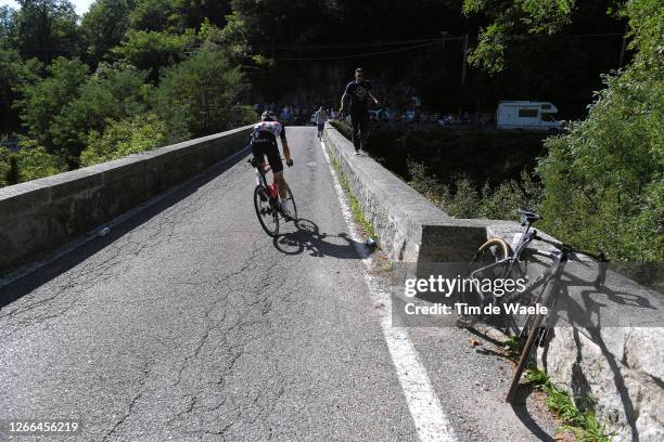 Nicola Conci of Italy and Team Trek - Segafredo / Specialized bike of Remco Evenepoel of Belgium and Team Deceuninck - Quick-Step / Crash / Injury /...