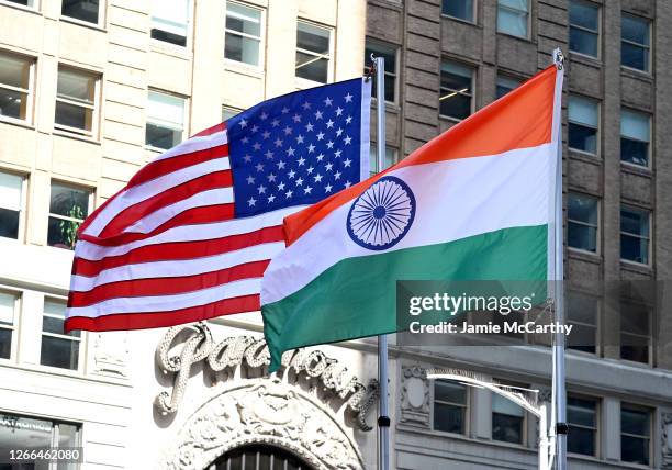 The national flag of India is hoisted at Times Square to mark Indian Independence Day on August 15, 2020 in New York City. The national holiday...