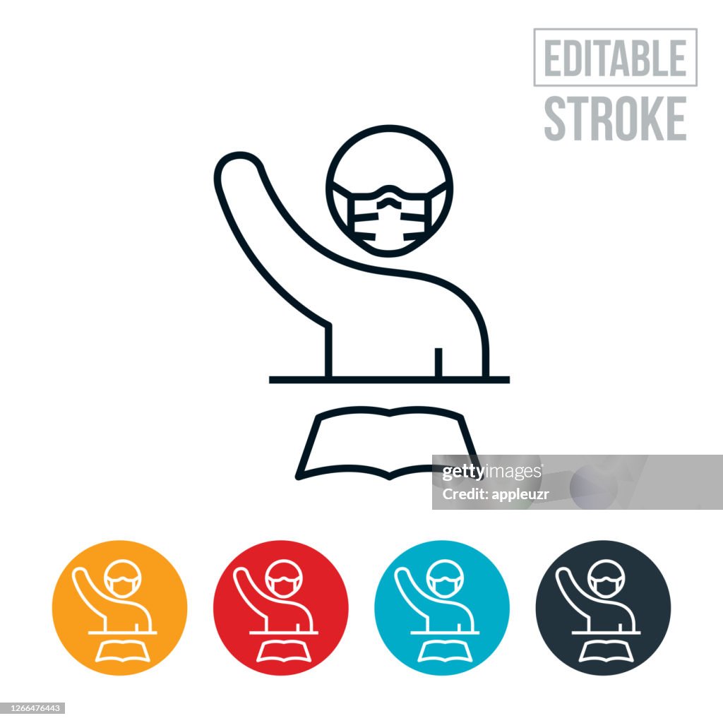 Student Raising Hand While Wearing Face Mask Thin Line Icon - Editable Stroke