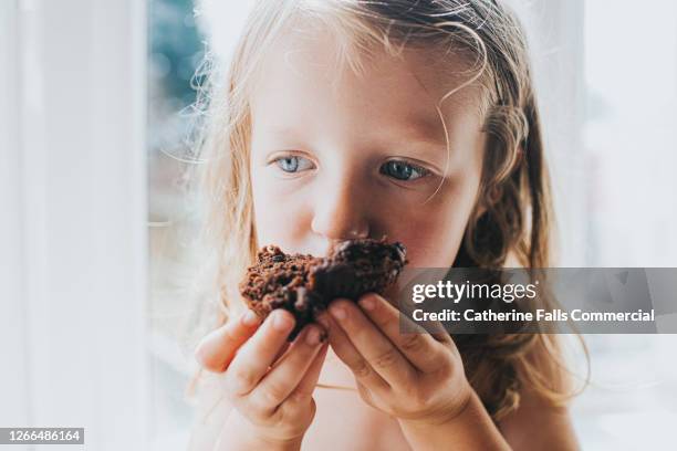 little girl taking a bite of a chocolate chip bun - chocolate chip 個照片及圖片檔