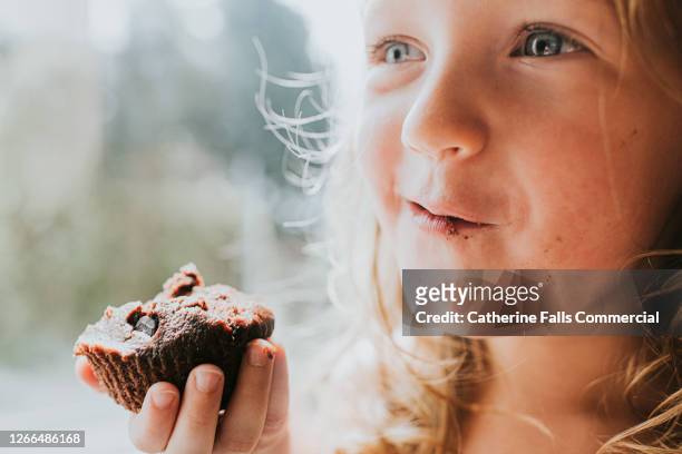 little girl chewing a chocolate chip bun - bollo dulce fotografías e imágenes de stock