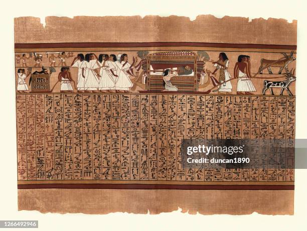 papyrus of ani, funeral procession, mummy on boat hearse - papyrus stock illustrations