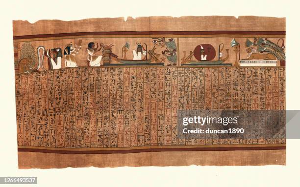 ancient egypt, papyrus of ani, sun god ra slaying serpent - book of the dead stock illustrations