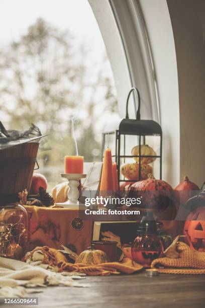 cut out of halloween decorated setting - fall decoration stock pictures, royalty-free photos & images