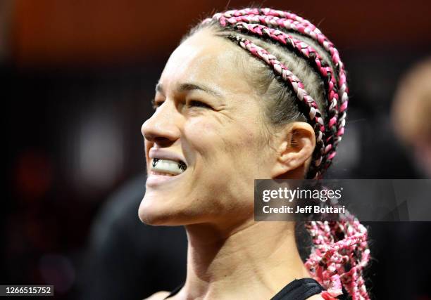 Felice Herrig prepares to fight Virna Jandiroba in their strawweight bout during the UFC 252 event at UFC APEX on August 15, 2020 in Las Vegas,...