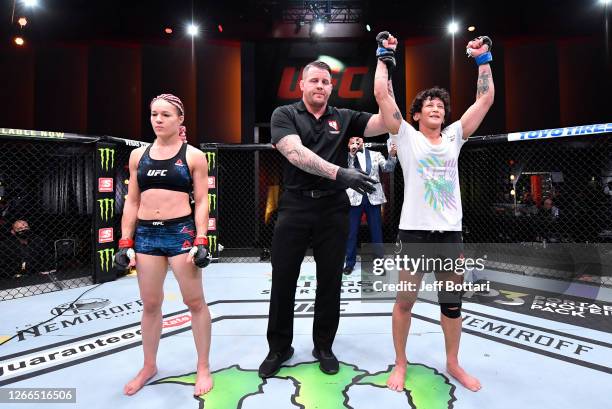 Virna Jandiroba of Brazil celebrates after her submission victory over Felice Herrig in their strawweight bout during the UFC 252 event at UFC APEX...
