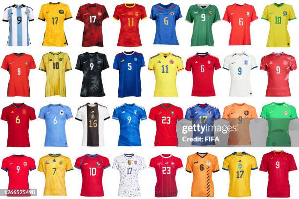 In this composite image, a display of the shirts for every team taking part in the FIFA Women's World Cup 2023 in Australia and New Zealand.