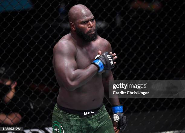 Jairzinho Rozenstruik of Suriname reacts after his knockout victory over Junior Dos Santos of Brazil in their heavyweight bout during the UFC 252...
