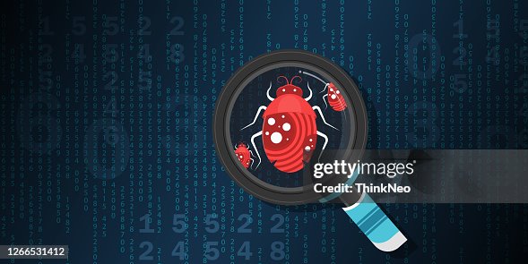Lupa pesquisando bug de malware. Conceito de vírus de erro de internet do computador. Lupa pesquisando bug de malware. Conceito de vírus de erro de internet do computador.