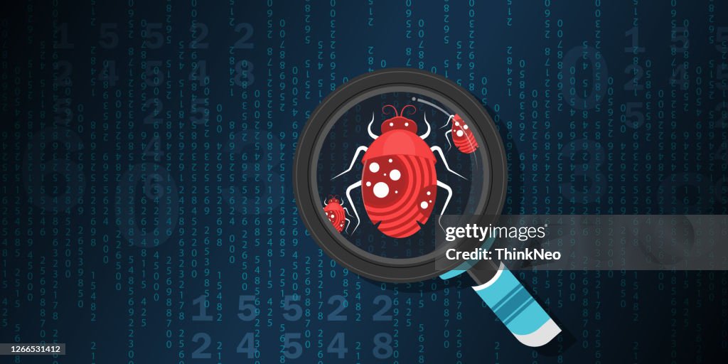 Magnifier searching malware bug. Computer internet error virus concept.