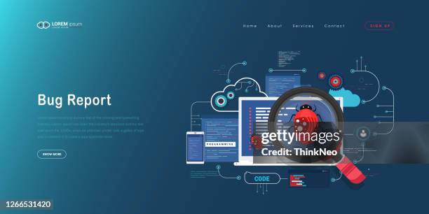 search bug with magnifying glass web page banner - eye problems stock illustrations