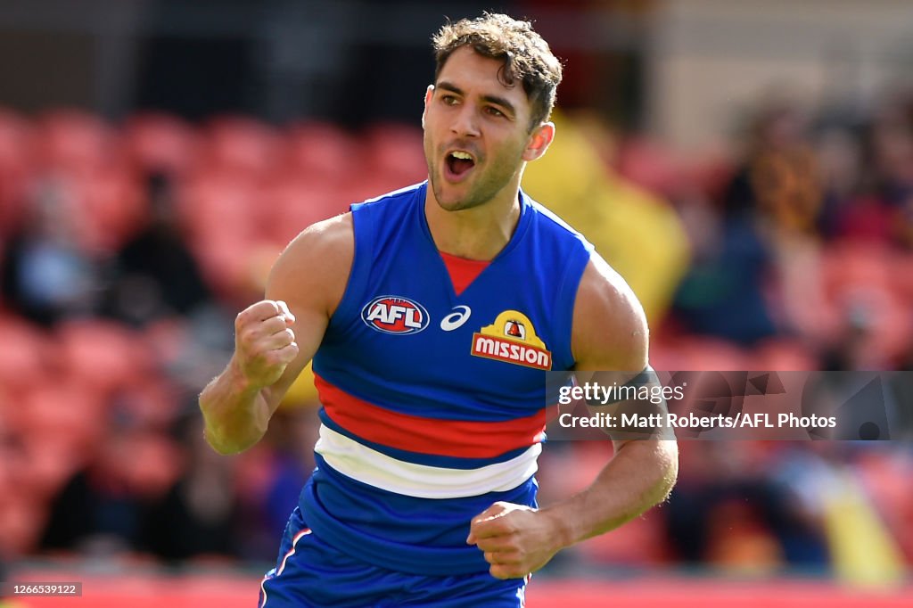 Ben Cavarra of the Bulldogs reacts after kicking a goal during the Round 12  AFL match between the Western Bulldogs and Adelaide Crows at Metricon  Stadium on the Gold Coast, Sunday, August