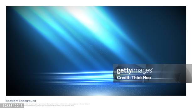 stage with scenic lights and smoke. blue vector spotlight with smoke volume light effect on dark background. - backstage sign stock illustrations