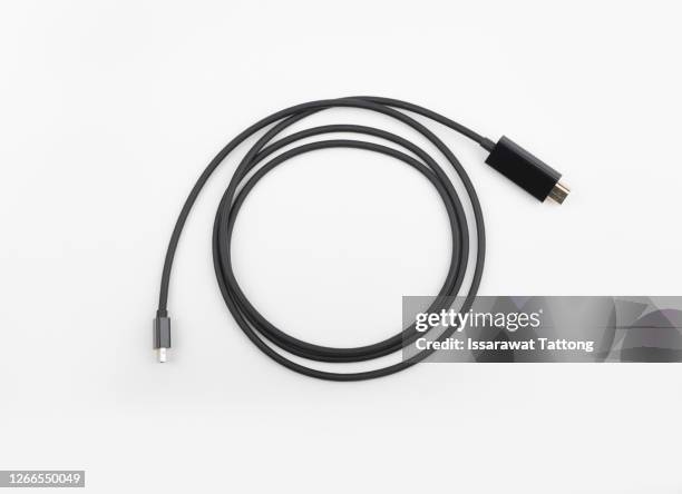 closeup of hdmi and mini display port cables isolated on white background - verbindungsstecker stock-fotos und bilder