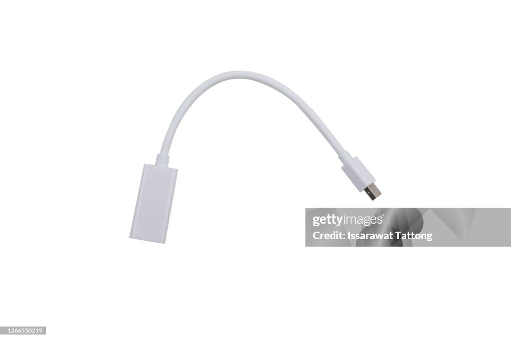 Closeup of HDMI and mini display port cables isolated on white background
