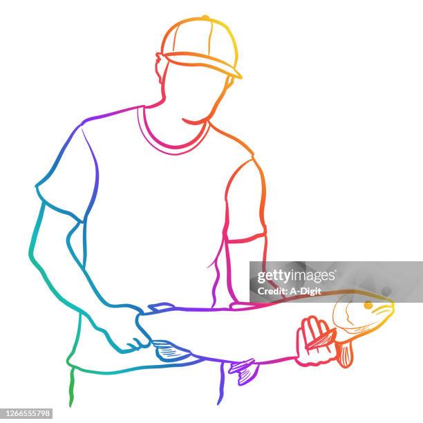fishing good catch trout rainbow - salmon white background stock illustrations