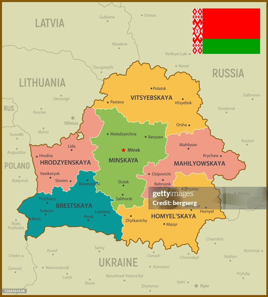 Belarus Map. Vintage Illustration with Regions, National Flag and Russia, Ukraine, Poland, Lithuania, Latvia Geographical Borders