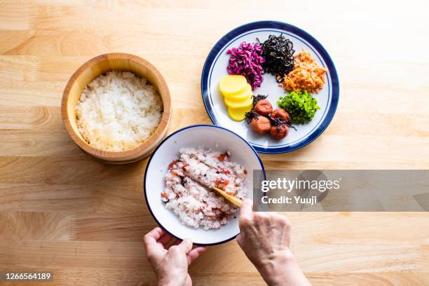 a colorful japanese rice ball recipe made with various ingredients - kombu stock pictures, royalty-free photos & images