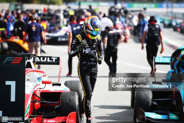 Race winner Oscar Piastri of Australia and Prema Racing celebrates in parc ferme during race two of the Formula 3 Championship at Circuit de...