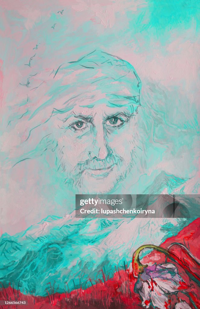 Illustration oil painting portrait of a man painted in the form of wind and clouds in the blue sky against a mountain landscape in spring with a field of flowers and snow-capped mountains in the distance