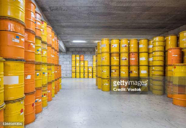 storage of nuclear waste barrels - toxic waste stock pictures, royalty-free photos & images
