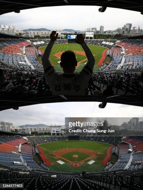Image Numbers 1258716589 and 1266572048 In this composite image has been made between the day Korean Baseball first accepted fans after the...
