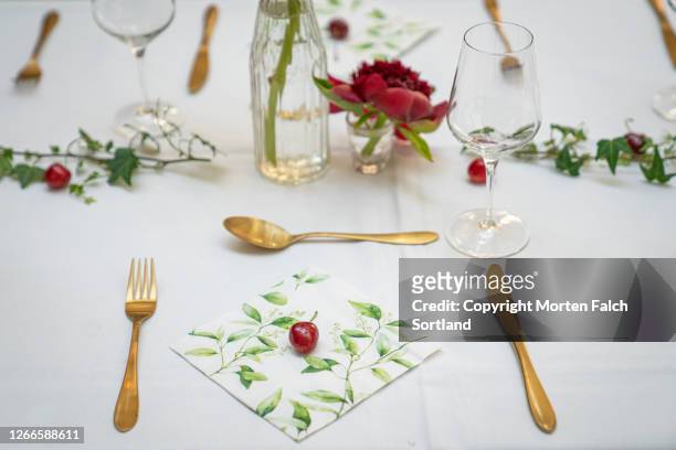 closer look of an exquisite table setting in oslo, norway - table setting design scandinavian imagens e fotografias de stock