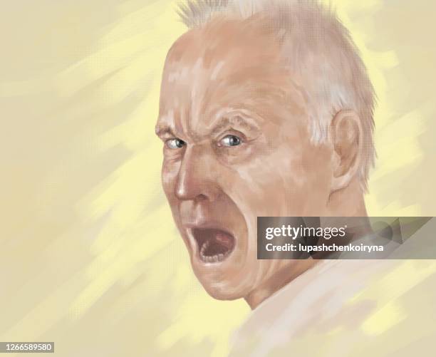 ilustraciones, imágenes clip art, dibujos animados e iconos de stock de retrato ilustrativo de un hombre gritando sobre un fondo amarillo de verano - angry bald screaming man