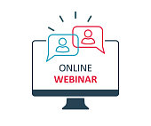 Online webinar communication, internet web conference, distance education, online course, video lecture, work from home icon with people icon - stock vector