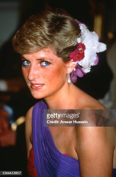 Diana, Princess of Wales, wearing a red and purple chiffon evening dress designed by Catherine Walker with silk flowers in her hair, attends a dinner...