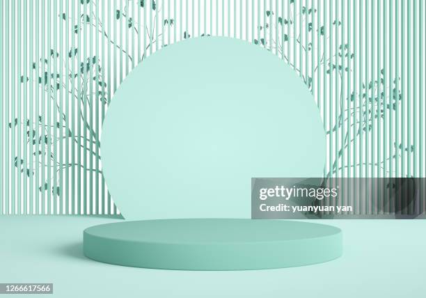 3d rendering exhibition background - blue tree 3d stock-fotos und bilder