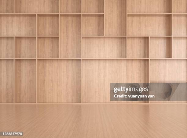 3d rendering wooden shelf background - bücherregal leer stock-fotos und bilder