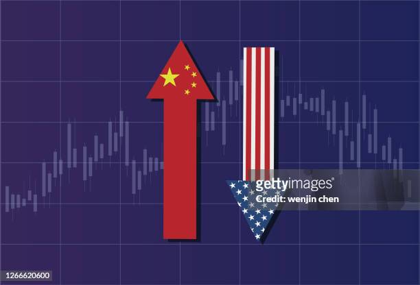 ilustrações, clipart, desenhos animados e ícones de a economia chinesa está subindo, a economia dos eua está caindo - us china trade war